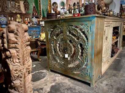 Blue 2 Doors Sideboard with Carving Mirror Decor