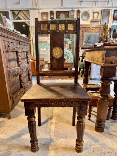 Dining Chairs Set of 6 Old Dark Wood Brass Decor