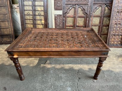 Antique Wooden Dining Table with Brass Decor