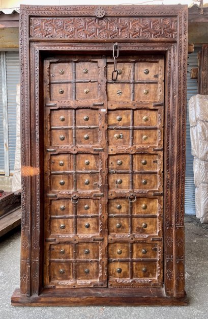 Indian Old Wood Door with Brass and Iron Decor