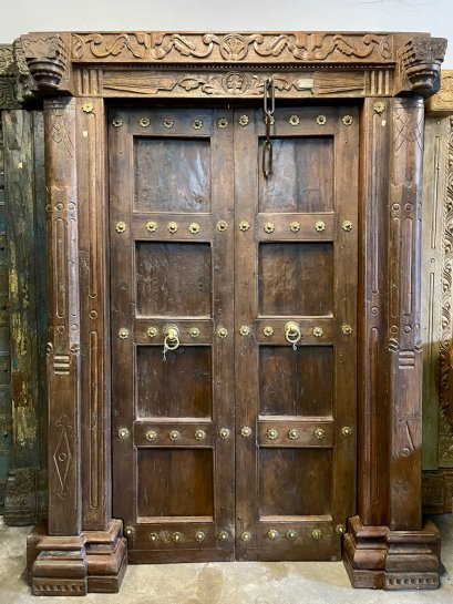 Colonial Entry Door Classic Carving with Brass Flowers