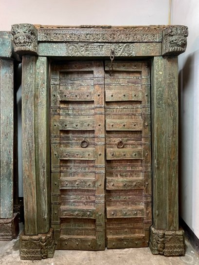 Solid Wood Carved Colonial Door in Green