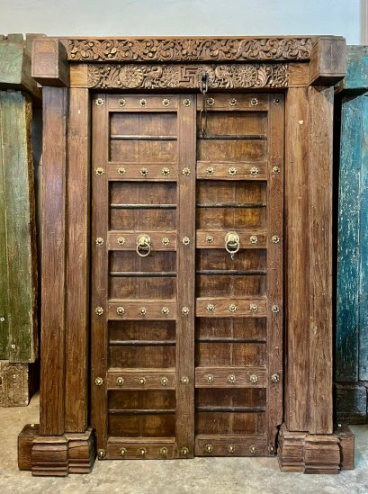 Solid Teak Colonial Door with Brass Flowers