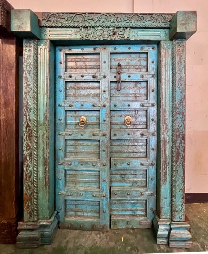 Distressed Blue Teak Wooden Door Brass Handles