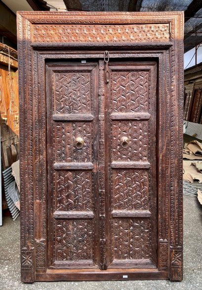Indian Door with Floral Carving and Iron Nails
