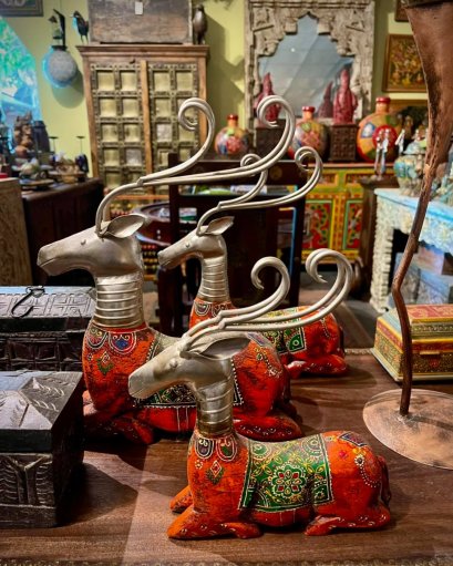 3 Orange Deers Painted Iron and Wood