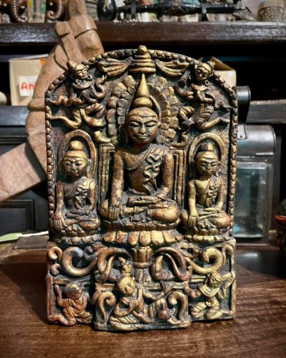 Buddhas Clay Sculpture on Wood Panel
