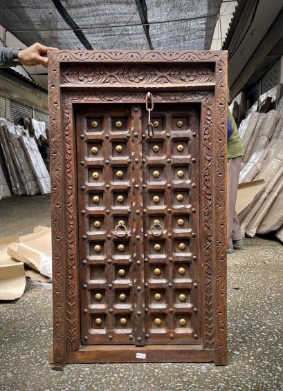 Wooden Window with Brass Carved Frame