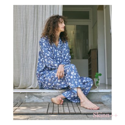 Blue Cotton Daisy Prints Nightwear Set by Skinn Intimate