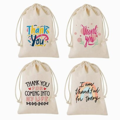 ถุงผ้าดิบ หูรูด พิมพ์อักษรสีสดใส  ขนาด 15*10 ซม