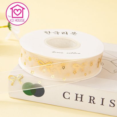 ริบบิ้นผ้าซีทรู สกรีนทอง ลัคชู ราคามิตร ความยาว 10 หลา