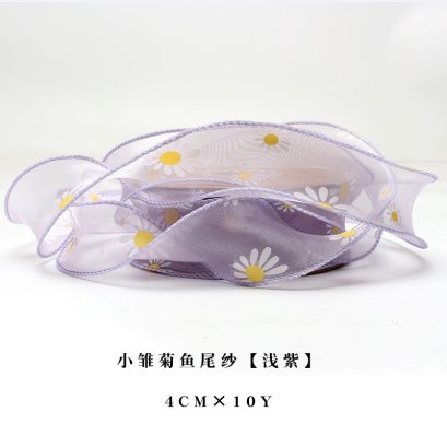 ริบบิ้นผ้าซีทรู พรื้วๆ ทรงหางปลา สกรีนดอกเดซี่ สวยหรู ริบบิ้นราคาถูก