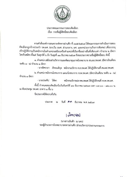 ประกาศรายชื่อผู้มีสิทธิ์สอบลูกจ้างประจำ อผศ. เป็นพนักงาน ตำแหน่งเสมียน