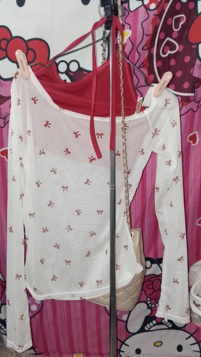 เสื้อเบลาส์สองชิ้น พิมพ์ลายโบว์ สาวฮอดล้วน คอ