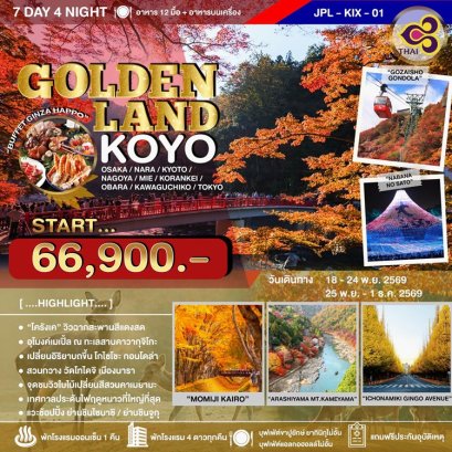 ทัวร์ญี่ปุ่น Golden Land Koyo โอซาก้า เกียวโต โครังเค คาวากูจิโกะ โตเกียว 7 วัน -TG