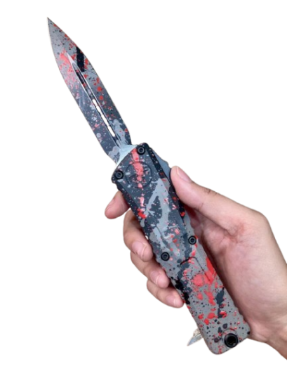 Microtech Combat Troodon Gen III D/E - Grey, Black, &amp; Red Splatter Handle (1142-1BGBKRDSPLS)