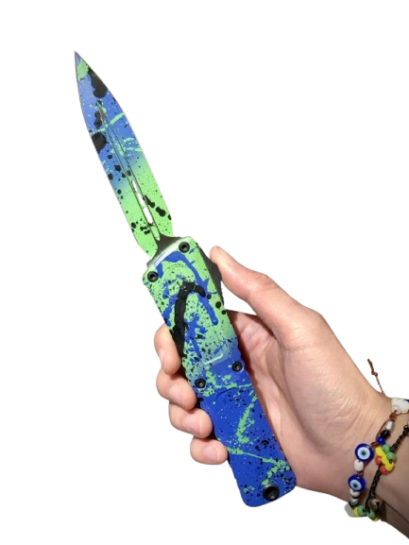 Microtech Combat Troodon Gen III D/E - Green Mamba - Black Green &amp; Blue Splatter Handle - Splatter Cerakote Blade (1142-1GMPWBKSPLS)