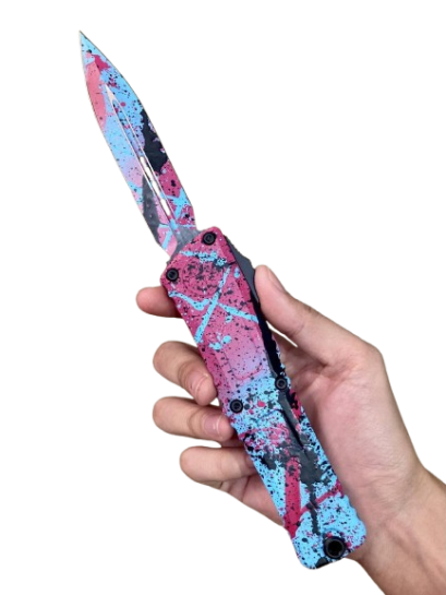 Microtech Combat Troodon Gen III D/E - Black, Pink, &amp; Blue Paint Splatter - Splatter Cerakote Blade (1142-1LBPK-BKSPLS)