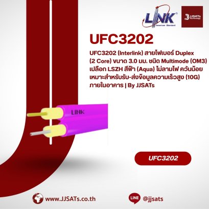 UFC3202 (Interlink) สายไฟเบอร์ Duplex (2 Core) ขนาด 3.0 มม. ชนิด Multimode (OM3) เปลือก LSZH สีฟ้า (Aqua) ไม่ลามไฟ ควันน้อย เหมาะสำหรับรับ-ส่งข้อมูลความเร็วสูง (10G) ภายในอาคาร | By JJSATs