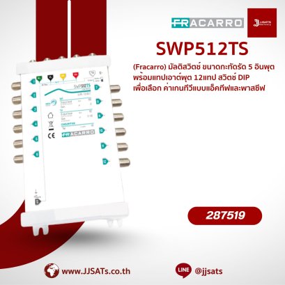 287519 – Fracarro SWP512TS 5-Input (4 SAT + 1 TV) Multi-Switch with 12 Outputs | TV Gain Adjustable via DIP Switch | Ideal for Indoor Installation | By JJSATs