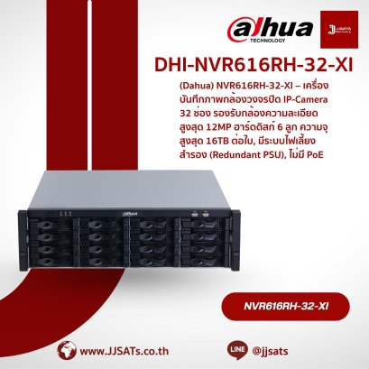 NVR616RH-32-XI – 32-Channel IP Camera NVR, supports up to 12MP cameras, 6 HDDs up to 16TB each, redundant power supply, no PoE.