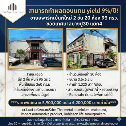 潜在年收益率高达9%！出售全新两层公寓楼，共20间客房，占地95平方哇。位于 Tesaban Bang Pu 30巷4号路口，近Praksa就业区！