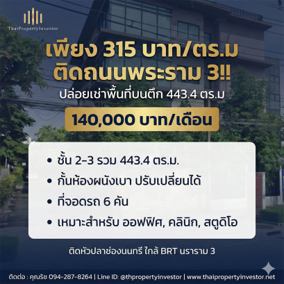 仅需315泰铢/平方米！拉玛三路黄金地段！443.4平方米可用空间，位于华柏崇侬西路附近，近BRT Nararam 3站。