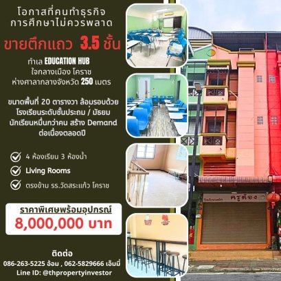 出售位于呵叻府中心地带的3.5层店屋/商业楼，面积20平方哇，该楼位于教育中心地段，沙缴寺学校对面，离Thao Suranari（Ya Mo）纪念碑仅3分钟路程。地理位置优越，近府政厅、商业和政府中心以及家长社区。对于教育专业人士来说，这是一个不容错过的机会。
