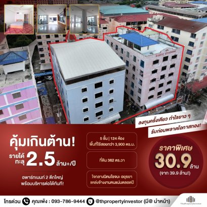 บริหารดีๆ รายได้มากกว่าปีละ 2.5 ล้าน !! ทำเลสุดคุ้ม ขายอพาร์ตเมนท์ 2 ตึก 5 ชั้น จำนวน 124 ห้อง พื้นที่ดิน 362 ตารางวา ใกล้นิคมโรจนะ แหล่งจ้างงานคนคึกคักตลอดทั้งปี !! จังหวัดพระนครศรีอยุธยา ผลตอบแทนโครตคุ้ม !!!