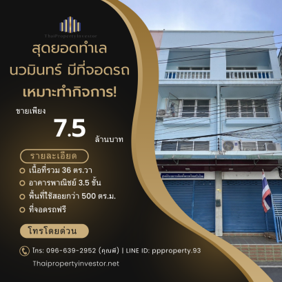 Prime Location with Parking, Suitable for Various Businesses! For sale: Commercial Building at Nawamin 60 (in front of Wat Bang Toei), just 50 meters from the main road!
