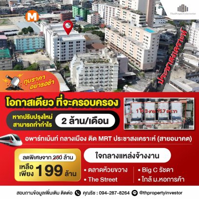 Can generate a profit of 2 million baht per month!! Selling an apartment complex with 4 buildings and 385 rooms, covering almost 2 rai!! Located on Pracha Songkhro 22, near MRT Huai Khwang, Ratchadaphisek 7, next to the University of the Thai Chamber of C