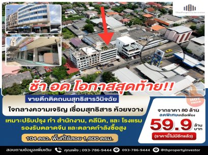 ช้าอด โอกาสสุดท้าย! ขายอาคารสำนักงานทำเลทอง ติดถนนสุทธิสาร-รัชดา 5 ชั้น | 104 ตร.วา | พร้อมลิฟต์ + ที่จอดรถใกล้ MRT สุทธิสาร เพียง 3 นาที ย่านค้าขายสุดคึกคัก คนพลุกพล่าน !!