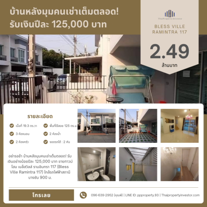 Don't wait! This corner townhome is fully rented year-round! Earn at least 125,000 THB annually. For sale: Bless Ville Ramintra 117 Townhome, near Bang Chan BTS Station (Pink Line), only 900 m away.*