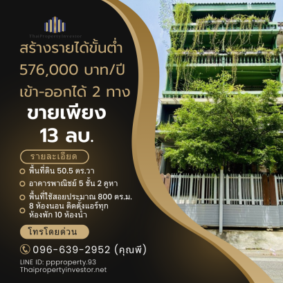 Generate a minimum income of 576,000 THB/year!! With a 5-story commercial building designed as a hostel and home office, accessible from two directions. For sale: a commercial building at Ramkhamhaeng 52 - Srinakarin 4