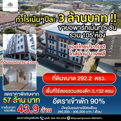 High profit of 3 million baht per year!! 5-story apartment for sale, many employment opportunities, Soi Thai Prakan 2, total 105 rooms, near Bang Phli Industrial Estate, dense tenants, 292.2 sq m, special price, urgent!!!