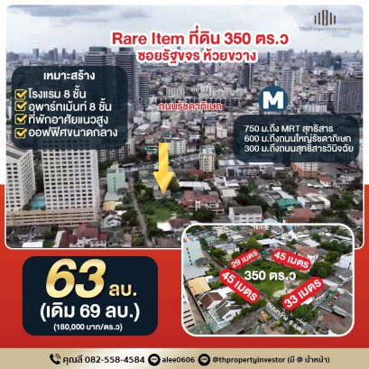 Rare Item ! ขายที่ดินแปลงสวย ซอยรัฐขจร ห้วยขวาง   350 ตารางวา ใกล้ MRT สุทธิสาร 750 ม. ห่างถนนใหญ่รัชดาภิเษก เพียง 600 ม. เหมาะทำอพาร์ทเม้นท์ และโรงแรม 8 ชั้น ! ด่วน