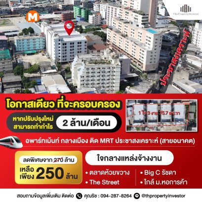 Can generate a profit of 2 million baht per month!! Selling an apartment complex with 4 buildings and 385 rooms, covering almost 2 rai!! Located on Pracha Songkhro 22, near MRT Huai Khwang, Ratchadaphisek 7, next to the University of the Thai Chamber of C