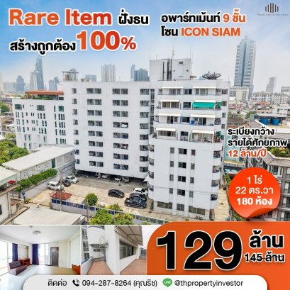 100% Legally Constructed! Rare Gem for Investors!! 9-Story Apartment for SALE with 180 Rooms on Lat Ya Road, Charoen Rat Road, Surrounded by 3 Train Lines, Near ICON SIAM