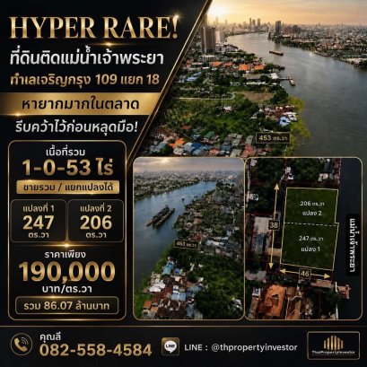 ขายที่ดินแปลงสวยติดแม่น้ำเจ้าพระยา เนื้อที่ 1-0-53 ไร่ ทำเลเจริญกรุง 109 แยก 18  เหมาะซื้อเก็บ