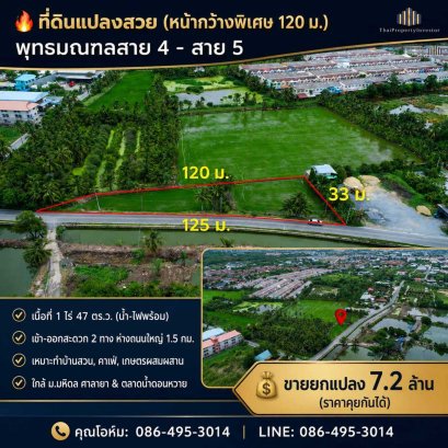 ที่ดินติดถนน 1 ไร่ 47 ตร.วา หน้ากว้างติดถนนถึง 120 เมตร ทำเลดีเข้า-ออกได้ทั้งพุทธมณฑลสาย 4 และพุทธมณฑลสายสาย 5
