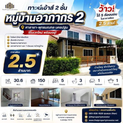ขายทาวน์เฮ้าส์ 2 ชั้น หมู่บ้านอาภากร 2 ศาลายา-พุทธมณฑล 30.6 ตร.ว. รีโนเวทใหม่ 5 ห้องนอน 3 น้ำ ใกล้มหาวิทยาลัยมหิดล