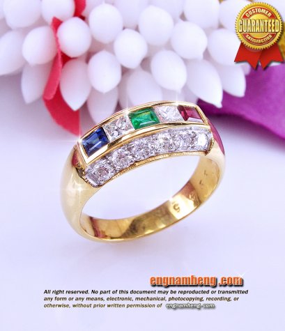 งานโบราณ แหวนพลอยทับทิม มรกต ไพลิน ประดับเพชรแท้น้ำขาวสวย