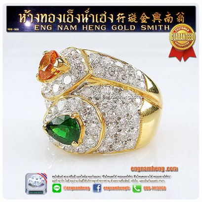 แหวนบุษราคัมและมรกต ประดับเพชรเบลเยี่ยมคัท น้ำ98 ใส่หรูหราเต็มนิ้ว สวยสุดๆ