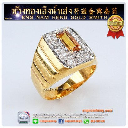 แหวนบุษราคัมประดับเพชรแท้ เบลเยี่ยมคัท สำหรับผู้ชาย ตัวเรือนทองหนาแข็งแรง