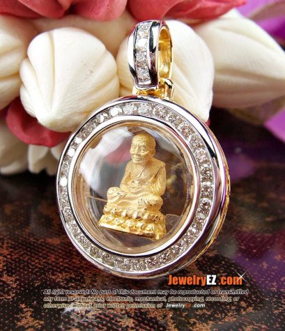 หลวงปู่ทวดเนื้อทองคำ เลี่ยมกรอบทองคำฝังเพชรแท้ ทรงกลมสวยน่ารักสุดๆ องค์ที่6