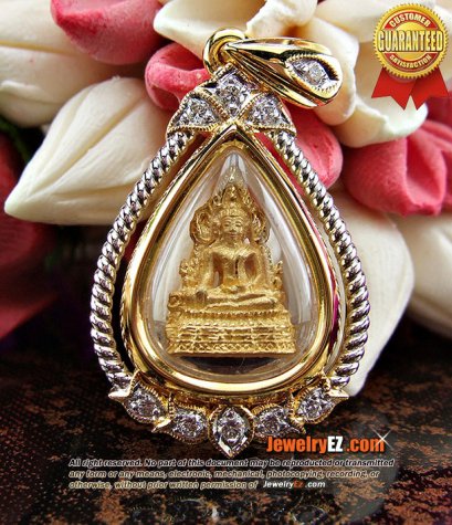 พระพุทธชินราชเนื้อทองคำ เลี่ยมกรอบทองทรงหยดน้ำ ฝังเพชรแท้ สวยมากๆ ค่ะ