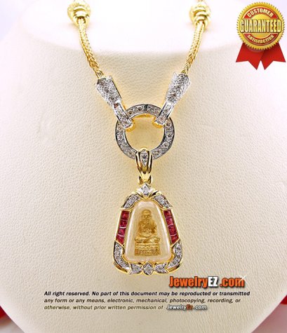 สร้อยคอหัวจุกเพชรแท้เบลเยี่ยมคัท+จี้พระหลวงปู่ทวดเนื้อทองคำประดับทับทิม สวยมากๆค่ะ