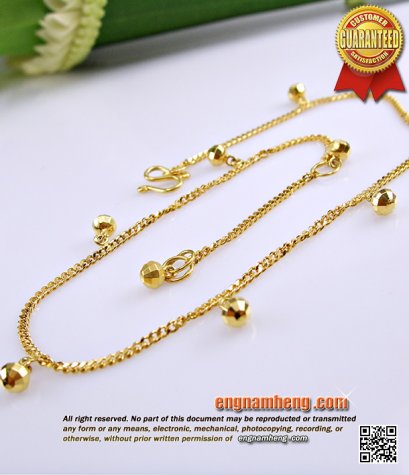 สร้อยข้อเท้า ทอง 90% น้ำหนัก 3.21 กรัม ลายตะไบตันแข็งแรง ห้อยตุ้งติ้งเม็ดกลมลายดิสโก้ค่ะ