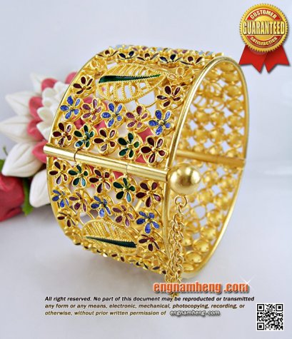 กำไลทองคำ 96.5% น้ำหนัก 84.1 กรัม (5.54บาท) ฉลุลายดอกไม้ลงยา งานฝีมือประณีต ของมีจำกัดค่ะ