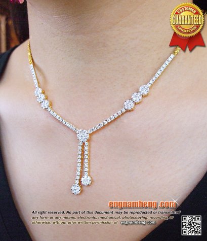 สร้อยคอเพชรเบลเยี่ยมคัทน้ำ 98 (F-Color/VVS1) น้ำหนักเพชร 4.11 กะรัต สร้อยคอประดับเพชรประกบค่ะ แลดูเหมือนใส่เพชรเม็ดใหญ่ ใส่สวยดูเด่นค่ะ